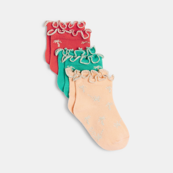 جوارب قصيرة باللون البرتقالي، متموجة ومُزينة برسمة شجر النخيل، للفتيات الصغيرات